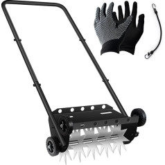 Zāliena aerators ar stūmēju 18 collas ar 4 riteņiem Heavy Duty Rolling Manual Garden Aerator Lawn Tool ar 45 collu rokturi Piemērots zāliena dārza pagalma zāles kopšanai