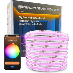 DC24V Smart ZigBee RGB COB LED sloksnes 10 m komplekts, saderīgs ar ZigBee Hub Bridge, Tuya Gateway un Echo Plus, APP/Alexa balss vadība, krāsu maiņas regulējama RGB COB LED sloksnes gaisma