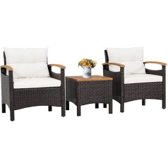 GOPLUS 3-Piece Polyrattan Garden Chair Set with Side Table, Patio Furniture with Cushion for Porch, Balcony and Garden