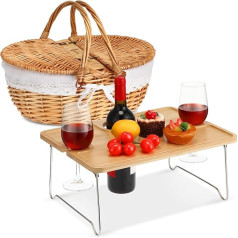 FoldTier Picnic Basket with Foldable Wine Table Set, Handmade Wicker Basket with Lid Handle, Portable Bamboo Tray, Table for 2 Outdoor Camping, Picnic, Wine Set, Gift for Couples