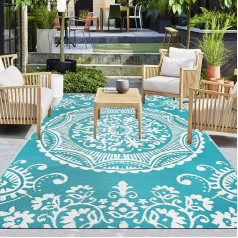 Capslpad Reversible Mats 150 x 245 cm Ūdensizturīgs āra terases paklājs Boho ziedu plastmasas salmu paklājs Pārnēsājams iekštelpu āra paklājs dārza lievenim pagalmam Balkons Piknika dekors Teal