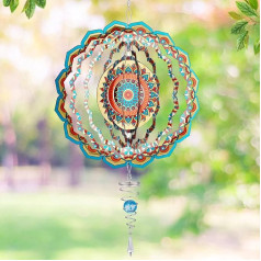 Mandala-Windspiel - 3D-Edelstahl-Garten-Spinner mit blauem Kugel-Spiralschwanz, kinetische hängende Windfänger-Skulpturen für Frauen, Geschenk, Innen- und Außenbereich, Hofkunst, Fensterdekoration