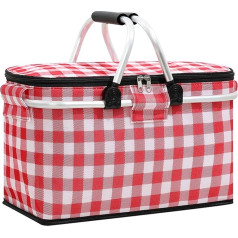 Large Insulated Picnic Basket, Foldable Cooler Bag, Waterproof Lining, Cooling Shopping Basket, Bag for Camping, Hiking, Picnic, Lake Trips, Family Holidays, Keep Food Cold (Red)