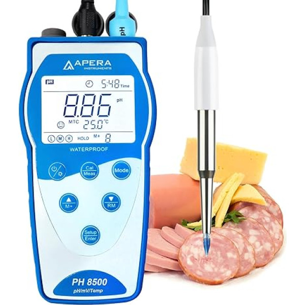 Apera Instruments PH8500-SS pH mērītājs pārtikas paraugiem ar GLP atmiņas funkciju un datu izvadi (pH mērījumu diapazons: 0-14,00)