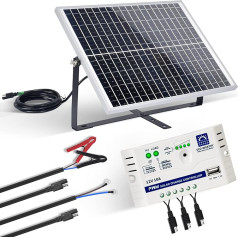 ECO-WORTHY saules paneļu sistēma, 12 V, 10 W, 25 W polikristāliskais PV panelis ar 3 vadu 30 A akumulatora skavām, 182 cm pagarināšanas kabelis un 3 A / 12 V / 24 V fotoelementu sistēma kempingam