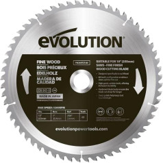 Evolution Power Tools FW255TCT-60 Finish Wood Cutting TCT volframa karbīda zāģa asmens, slīpzāģiem un galda zāģiem, vienmērīgi un ātri zāģē loksnes, skaidas un cietkoksni, tīrs, bez šķembām, 60 zobi, 255 mm