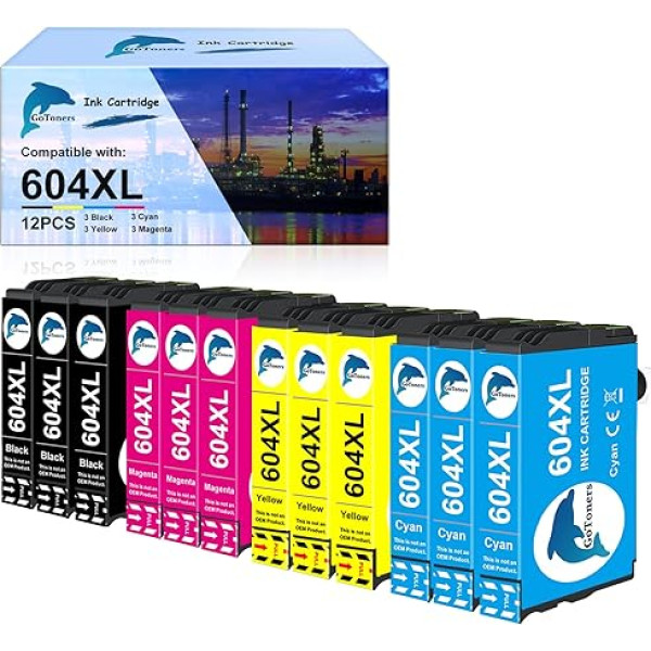 GoToners 604 XL spausdintuvo kasetės, suderinamos su Epson 604 604XL kasetėmis, skirtomis Expression Home XP-2200 XP-2205 XP-3200 XP-3205 XP-4200 XP-4205, Workforce WF-2910 WF-2930 WF-2950 (12 vnt.)