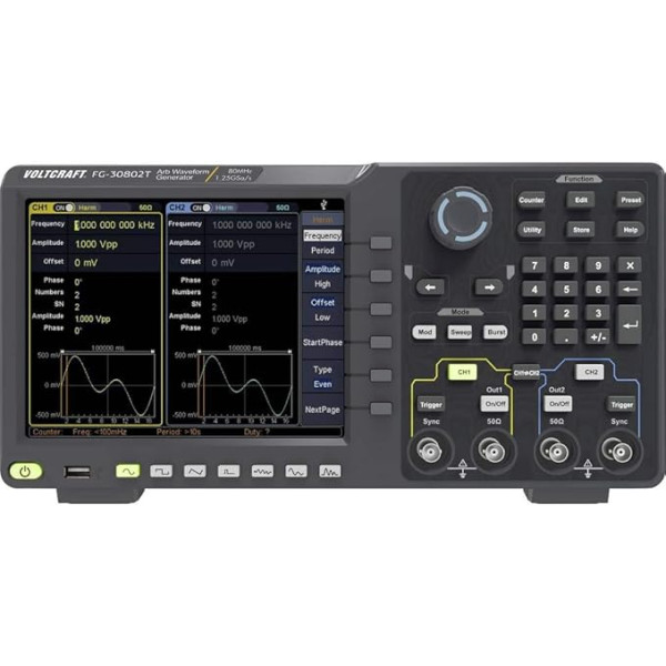 VOLTCRAFT FG-30802T Funkciju ģenerators, darbināms no elektrotīkla 1 µHz - 80 MHz 2-kanālu arbitrālais, trokšņa, impulsu, taisnstūra, sinusa, sinusa ģenerators