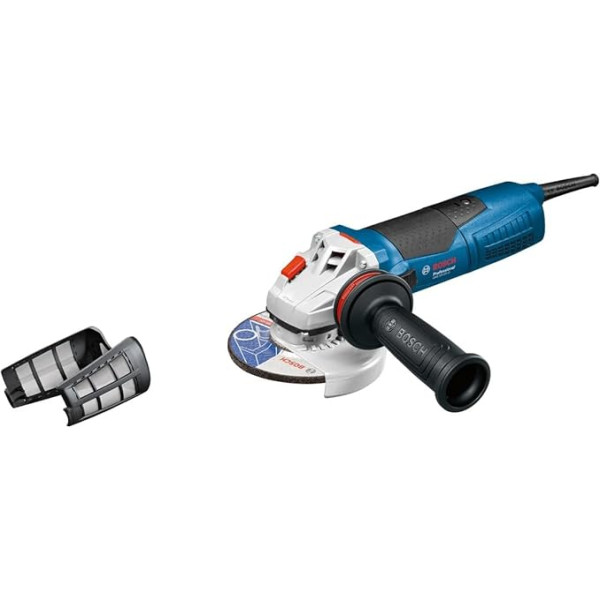 Bosch Professional Winkelschleifer GWS 19-125 CI (Scheiben-Ø 125 mm, Nenneingangsleistung 1.900 W, inkl. Aufnahmeflansch, Spannmutter, Schutzhaube, Zusatzhandgriff, Zweilochschlüssel, Karton), 060179N002, melns, zils, pelēks