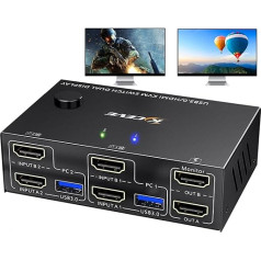 USB 3.0 HDMI KVM slēdzis 4K @ 60Hz 2K @ 144Hz, 2 datori 2 monitori, EDID emulators, divu monitoru KVM slēdzis 2 datoru 2 displejiem un 4 USB 3.0 pieslēgvietām, komplektā ietilpst tālvadības pults un kabelis