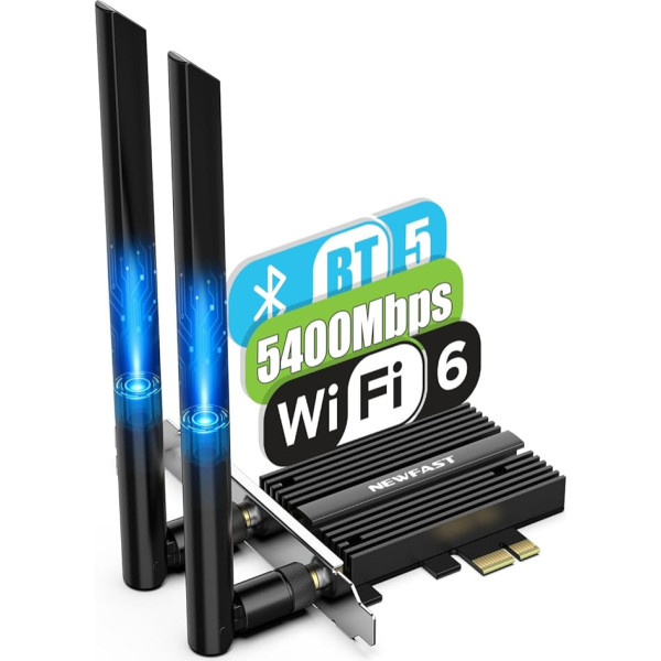 NEWFAST AX210 5400Mbps WiFi 6E WLAN karte, Bluetooth 5.3 WiFi PCIe tīkla karte, WiFi trīsjoslu karte (6G/5G/2.4G), atbalsta Windows 10 (64bit), Windows 11 (64bit), WLAN karte datoriem, datoriem un datorspēlēm