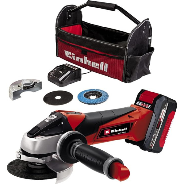 Einhell akumulatora leņķa slīpmašīna TE-AG 18/115 Li Kit Power X-Change (18 V, 115 mm diska diametrs, 28 mm griešanas dziļums, iekļauts griešanas disks, slīpēšanas disks, 4,0 Ah akumulators, lādētājs), sarkanā/melnā krāsā