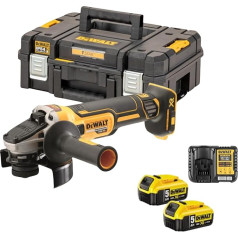 Dewalt 18 V 125 mm akumulatora leņķa slīpmašīna DCG405P2 (800 W, bezsuku motors, epoksīdsveķu sveķiem bruņoti tinumi, elektroniskais sajūgs un bremze, komplektā 2 x 5,0 Ah akumulatori un lādētājs)