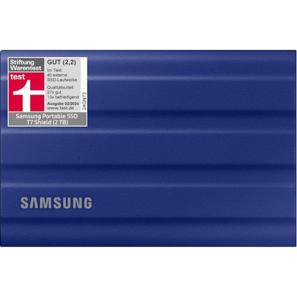 Samsung Portable SSD T7 Shield, 2TB, USB 3.2 Gen.2, 1050MB/s nolasīšanas ātrums, 1000MB/s ierakstīšanas ātrums, izturīgs ārējais cietais disks Mac, PC un viedtālruņiem, zils, MU-PE2T0R/EU