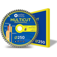 WELLERWERKZEUGE Professional Multicut ripzāģa zāģa disks 250 x 30 mm + 25 mm 60 zobi kokam, plastmasai, alumīnijam Piemērots akumulatora ripzāģim, galda zāģim Bosch Einhell Scheppach