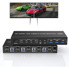 USB 3.0 4 portu HDMI + Displayport KVM slēdzis diviem monitoriem, 4K 60 Hz KVM slēdzis 4 datoriem 2 monitoriem ar audio mikrofona izeju un 3 USB 3.0 pieslēgvietām, HDMI + DP monitoru slēdzis 4 datoriem 2 monitoriem