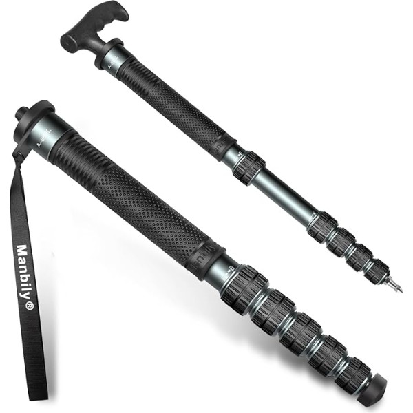 Manbily 32 mm monopods fotoaparātiem 44 cm - 174 cm Alumīnija monopods Statīvs DSLR ceļojumu monopods ar pastaigu nūju rokturi 6 sekcijas Pārgājienu nūjas Maks. 15 kg ar telefona klipu videokamerai (metāliski pelēks)