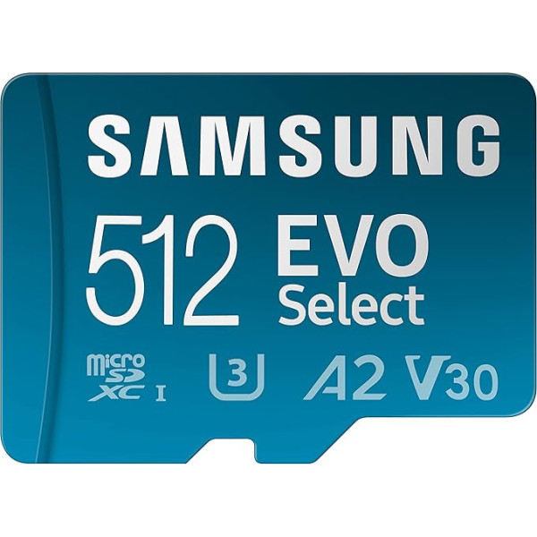 Samsung EVO Select 512GB microSDXC UHS-I U3 130MB/s Full HD un 4K UHD atmiņas karte ar SD adapteri (MB-ME512KA/EU)