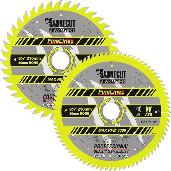 2 x SCCSW210K1 SabreCut 210 mm 40T un 80T x 30 mm caurums FineLine plānas iegriezuma formas kokskaidu plātnes finierskaidu plātnes šķeldas šķērsgriezuma un griešanas zāģa diski, saderīgi ar Dewalt Makita un daudziem citiem zāģiem