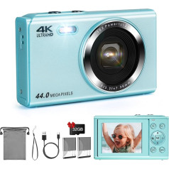 LAMA digitālā kamera, Mini digitālās kameras, 4K 44MP foto kamera, autofokusa kompaktā kamera, 2,4 collu LCD 16X tālummaiņas zibspuldzes digitālā kamera ar 32G karti, 2 baterijas, foto kamera bērniem, pusaudžiem,