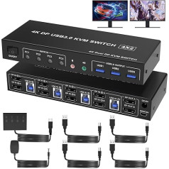 USB 3.0 KVM slēdzis 4PC 2 monitoriem Displayport 4K 60Hz, 4 pieslēgvietu KVM slēdzis ar divu monitoru displeja portu, audio mikrofona izeju un 3 USB 3.0 pieslēgvietām, DP monitoru slēdzis 4 datoriem 2 monitoriem