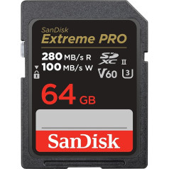 SanDisk Extreme PRO SDXC UHS-II atmiņas karte V60 64GB (280MB/s, 6K, 4K UHD, U3, C10, Rescue PRO Deluxe)