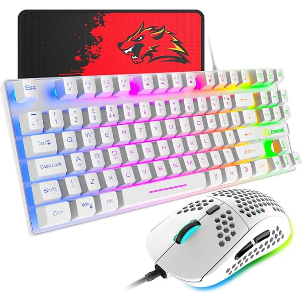 Spēļu tastatūra un pele, 88 taustiņi, USB aizmugurgaismota Rainbow tastatūra + programmējama, īpaši viegla spēļu pele ar 6400 DPI datoram PC PS4 PS5 Laptop Mac (balta)