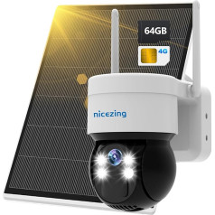 nicezing 3G/4G LTE novērošanas kamera ar SIM karti un SD karti 64G, 4MP PTZ 355°/120° kamera 4G Wireless ar saules paneli, nakts redzamības krāsām, PIR kustības noteikšana, IP66