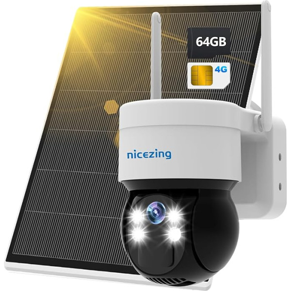 nicezing 3G/4G LTE novērošanas kamera ar SIM karti un SD karti 64G, 4MP PTZ 355°/120° kamera 4G Wireless ar saules paneli, nakts redzamības krāsām, PIR kustības noteikšana, IP66