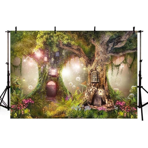 MEHOFOND 8x6ft Pavasara pasaku meža brīnumzemē Fotogrāfijas fons Bērnu dzimšanas dienas ballīte Banner Antique Tree Elf Adventure Background Wallpaper Dekorēšana Foto studija Rekvizīti Aksesuāri