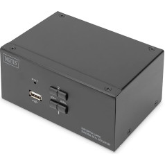 DIGITUS KVM slēdzis DisplayPort - 2 porti ar diviem displejiem - 2 PC, 2 monitori - 1x pele, tastatūra un audio 2 datoriem - UHD 4K@60Hz (3840 x 2160p) - Hot Key Switch - 1x USB 2.0 hub - melns