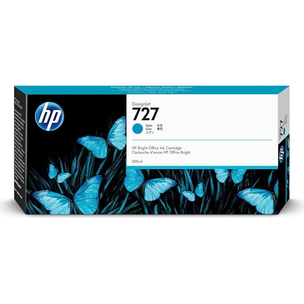 HP 727 Cyan 300 ml oriģinālā HP DesignJet Druckerpatrone (F9J76A) ar lielāku ietilpību, HP Tinte für Großformatdrucker der Serien HP DesignJet T2500, T1500 & T900 sowie den HP 727 DesignJet Druckkopf