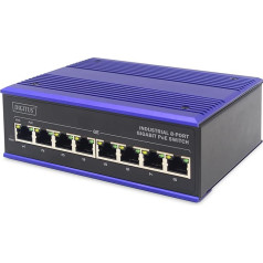 DIGITUS PoE tīkla datora komutators - 8 porti Gigabit Ethernet - DIN sliedes montāža - Klemmleiste - Lüfterlos - Schwarz/Blau