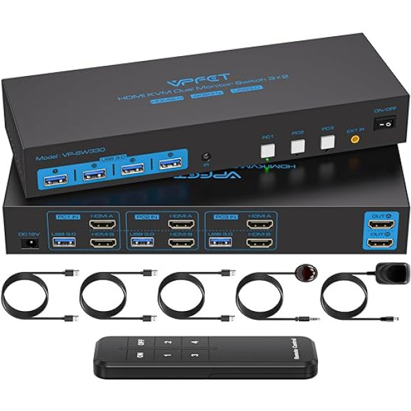 CMSTEDCD 4K60Hz HDMI KVM slēdzis 3 datoriem 2 monitoriem USB 3.0 EDID simulācijas KVM slēdzis 3 pieslēgvietu ar 4 USB pieslēgvietām 3 datoriem, kas koplieto 2 monitorus un 4 USB ierīces ar 3 USB kabeļiem un tālvadības pulti