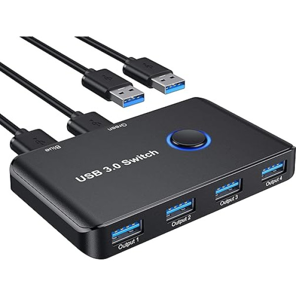 ABLEWE USB 3.0 slēdzis, 4 porti USB 3.0, koplietošanas USB slēdzis 2 datoriem, 2 ieejas un 4 izejas slēdzis ar 2 USB 3.0 kabeļiem printerim, skenerim, tastatūrai, USB zibatmiņām, cietajiem diskiem, pelei, austiņām