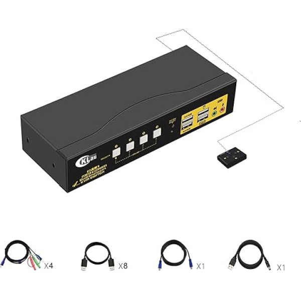 CKLau 4 pieslēgvietu divu monitoru divu monitoru Displayport KVM slēdzis, DP KVM slēdzis ar audio, USB 2.0 centrmezglu un kabeli, atbalsta karsto taustiņu pārslēgšanu, izšķirtspēja līdz 4096x2160@60Hz 4:4:4:4