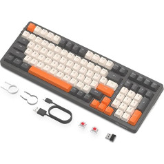 FREEWOLF K8 Wireless Hot Swap Mechanical Gaming Keyboard, vadu RGB tastatūra ar aizmugurējo apgaismojumu, sarkanu slēdzi, Bluetooth 5.0/2.4GHz/USB-C Tri Mode ar 4000mAh akumulatoru Mac/Win - pelēka/oranža krāsā