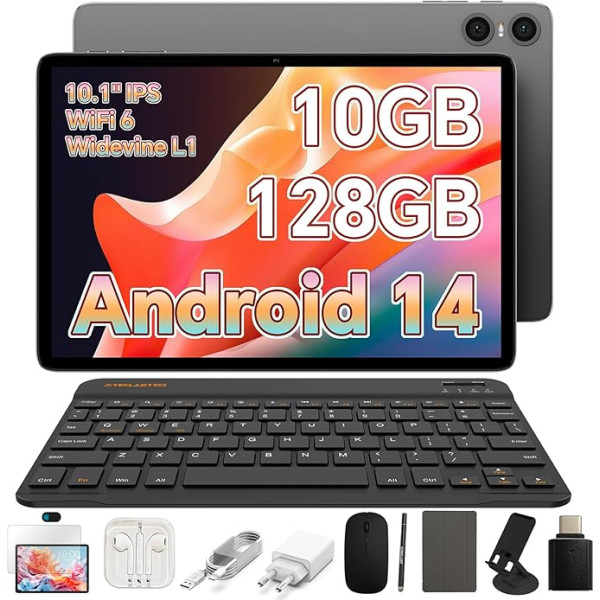 TECLAST P30T Android 14 planšetdators 10 zolu [2024],10GB RAM 128GB ROM planšetdators ar tastatūru Hülle Maus,Octa Core CPU Tablet pc, 2.4G/5G WiFi,1280x800 HD IPS, divas kameras/6000mAh/Typ- C/OTG/Widevine L1/3.5mm