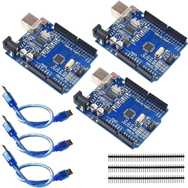 UNO R3 mikrokontrolleru plate, pamatplate ar USB kabeli, ATmega328P, UNO R3 mikrokontrolleru plate, saderīga ar Arduino izstrādes vidi, 3 eksemplāru iepakojums