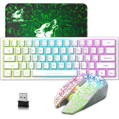 LexonElec 2,4GHz tastatūras peles spēļu komplekts bezvadu apgaismots 61 taustiņš, 3800 mAh uzlādējams, mehāniskā tastatūra, 2400 DPI Rainbow Light LED 6 pogas, saderīga ar datoru - balts