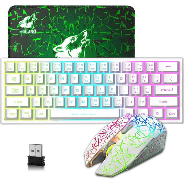 LexonElec 2,4GHz tastatūras peles spēļu komplekts bezvadu apgaismots 61 taustiņš, 3800 mAh uzlādējams, mehāniskā tastatūra, 2400 DPI Rainbow Light LED 6 pogas, saderīga ar datoru - balts