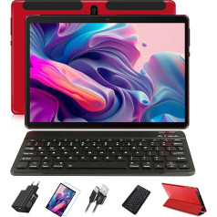 JUSYEA 10 collu Android planšetdators 4GB RAM + 64GB ROM, SD/TF 512GB, Smart IPS displejs, 8000mAh akumulators, 5MP + 8MP, WiFi | Bluetooth, ar korpusu + tastatūru - sarkans