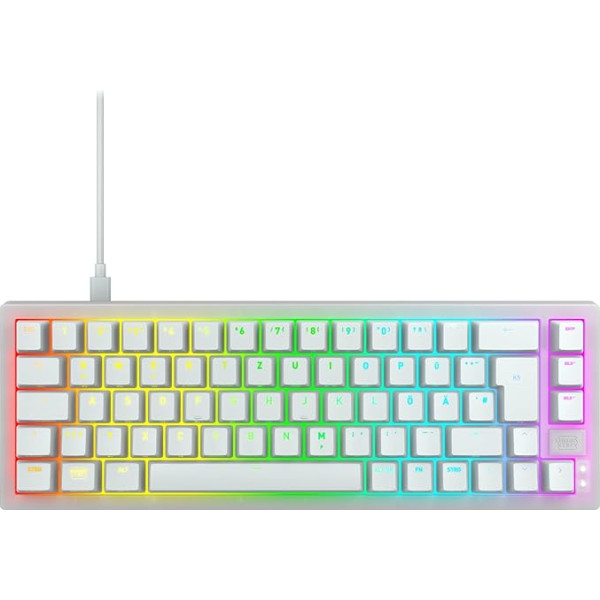 CHERRY XTRFY K5V2 kompakta mehāniskā spēļu tastatūra 65% formātā, vācu izkārtojums (QWERTZ), karstā nomaiņas tastatūra, MX2A sarkanie slēdži, balta caurspīdīga krāsa