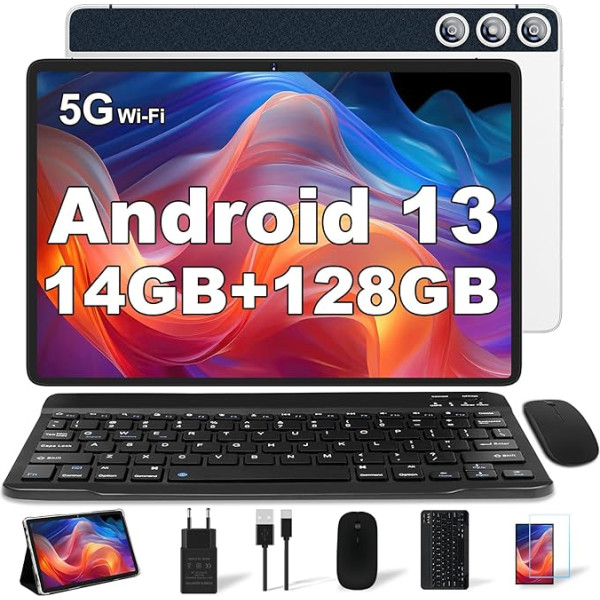 DMOAO Android 13 Tablet 10 Zoll, 14 GB RAM+128 GB ROM(1TB paplašināts), HD Tablet 2 en 1, Octa Core, 2.4G/5G WiFi, Kamera 8MP+5MP, 8000mAh, Tablet mit Tastatur und Maus, BT5.0/GPS/OTG, Metall Silber