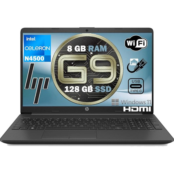 HP portatīvo datoru modelis 2024 G9 Notebook Intel n 4500 8GB RAM SSD Pci Nvme 128GB displejs 15,6 collu Anti-Glare 3 USB HDMI LAN Wi-Fi Wi-Fi Win 11 Pro, N4500 Open Office