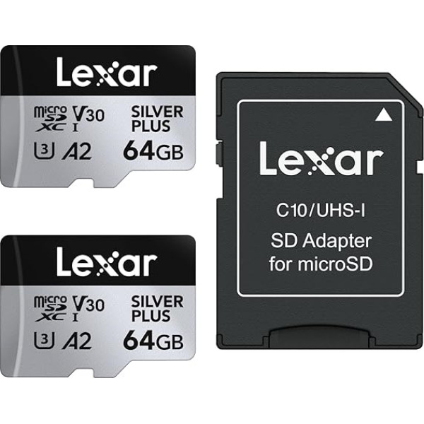 Lexar Silver Plus Micro SD karte, 64 GB, 2 gab., līdz 205 MB/s lasīšanas ātrums, 100 MB/s rakstīšanas ātrums, atmiņas karte Micro SD ar adapteri, UHS-I, A2, U3, V30, Class 10, 4K UHD microSDXC