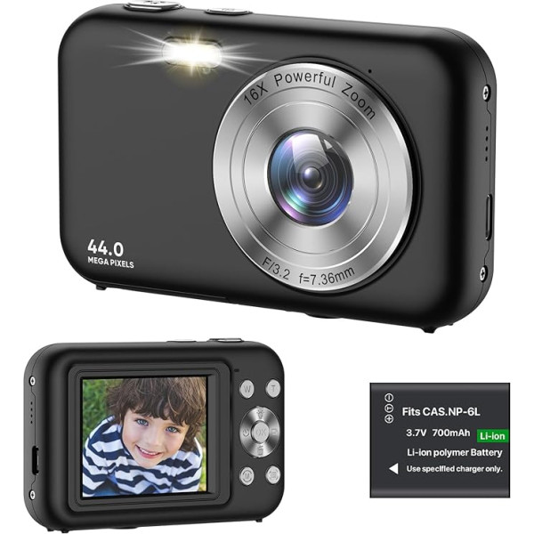 Digitālā kamera, fotokamera 44MP 1080P FHD Bērnu kamera 2,4 collu LCD 16X digitālā tālummaiņa ar zibspuldzi Kompakta kamera Pārnēsājama kamera ar 1 akumulatoru, kamera bērniem, pusaudžiem,