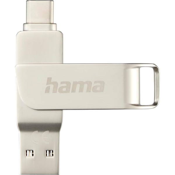 Hama USB zibatmiņas karte, 256 GB, USB C 3.1/3.0, USB A (atmiņas karte, USB zibatmiņas karte, USB 3.0, USB 3.1, USB C karte, datu glabāšana, USB A, maza, īpaši ātra, 100 MB/s, rotācijas mehānisms, universāla, metāla), sudraba krāsā