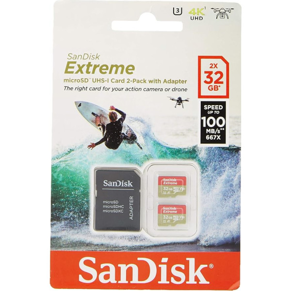 SanDisk Extreme microSDHC 2 x 32 GB UHS-I 3. ātruma klases. Ierakstīšana līdz 100 MB/s, 60 MB/s, 10. klases atmiņas karte ar SD adapteri.