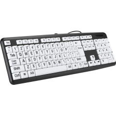 banapoy datora tastatūra ar lielu drukas izmēru, vadu USB tastatūra ar 104 pilna izmēra taustiņiem un baltiem lieliem preses taustiņiem vecāka gadagājuma cilvēkiem ar redzes traucējumiem (melna)